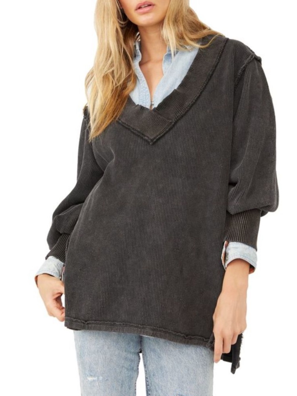 We The Free Free People Asher Thermal Knit Vneck Top Black